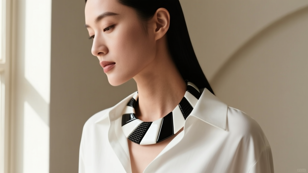 Side profile of a woman wearing a black and white chunky necklace over a crisp white poplin shirt in soft natural window light.