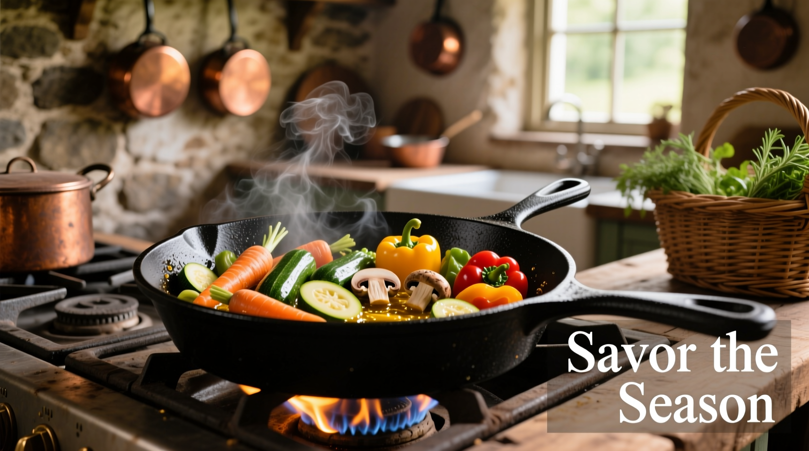 Cast iron skillet with vegetables