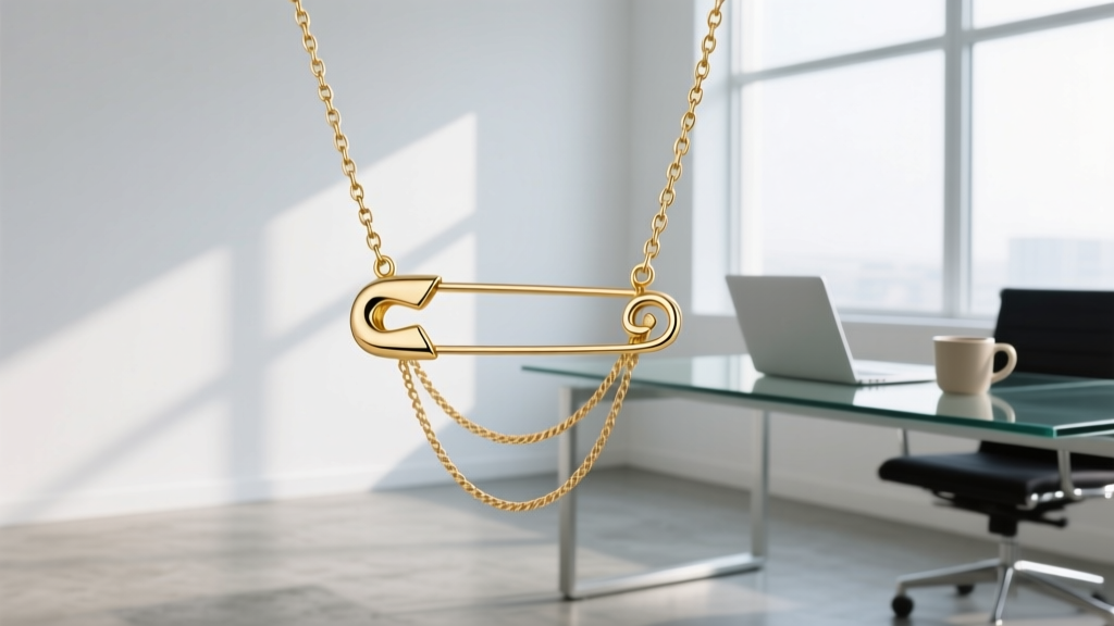 Minimalist gold PVD safety pin necklace layered with a delicate cable chain, photographed in a bright modern office environment.