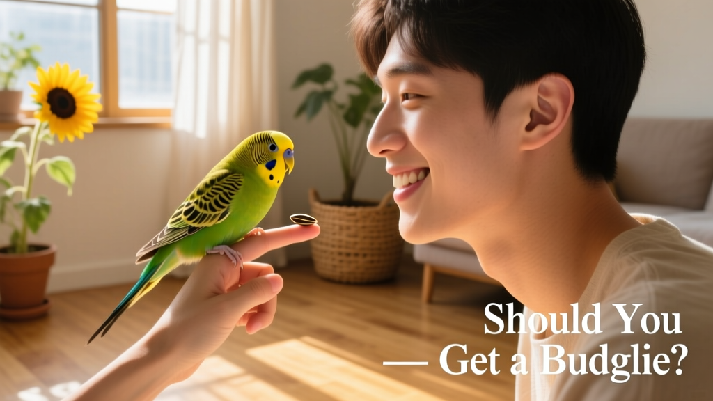 A person gently hand-feeding a budgie while smiling, showing trust and connection