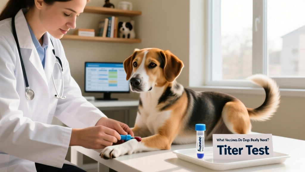 Veterinarian drawing blood from a calm dog’s leg for titer testing, with FurPetVo-branded lab vial nearby