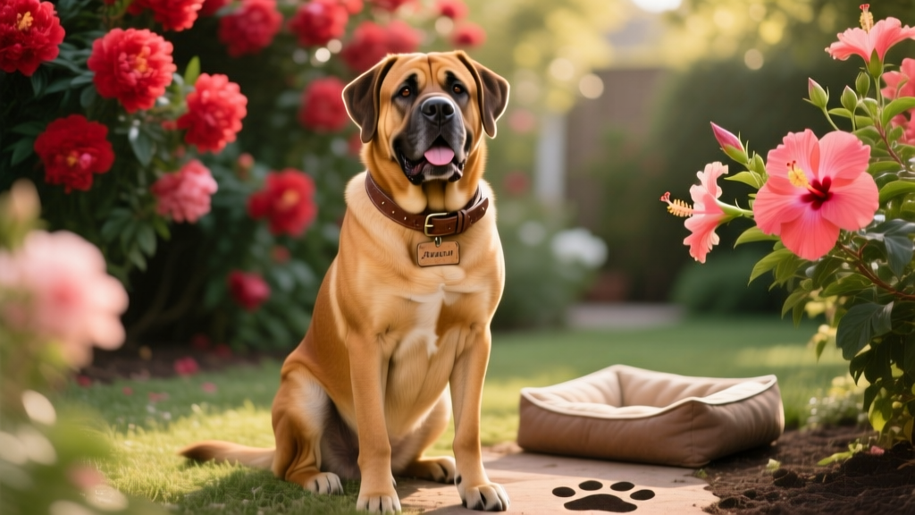 Tan mastiff smiles while sitting outside, against background of red flowers