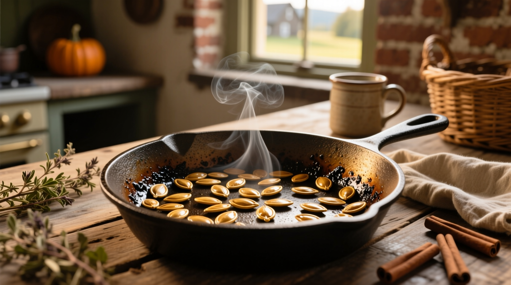 Golden brown pumpkin seeds roasting in cast iron skillet