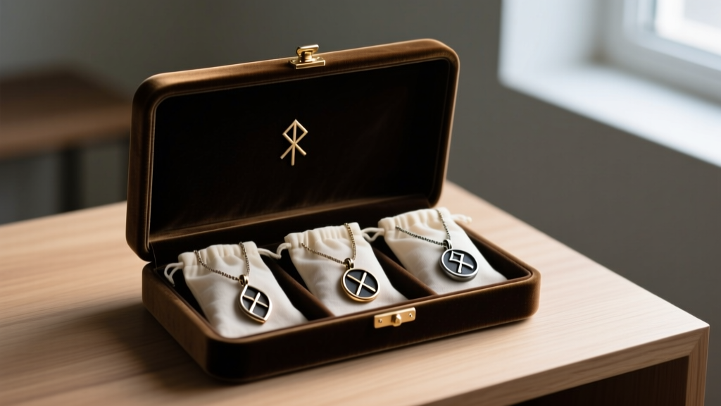 An open velvet jewelry box displaying three distinct rune necklaces separated by anti-tarnish cloth pouches in a dimly lit room.