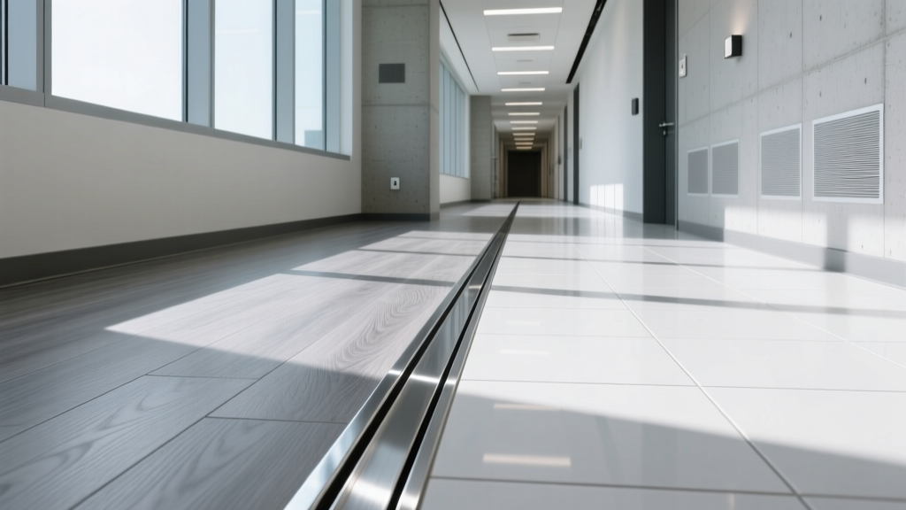 Anodized aluminum T-molding transition strip bridging gray laminate flooring and white tile in a high-traffic commercial hallway.