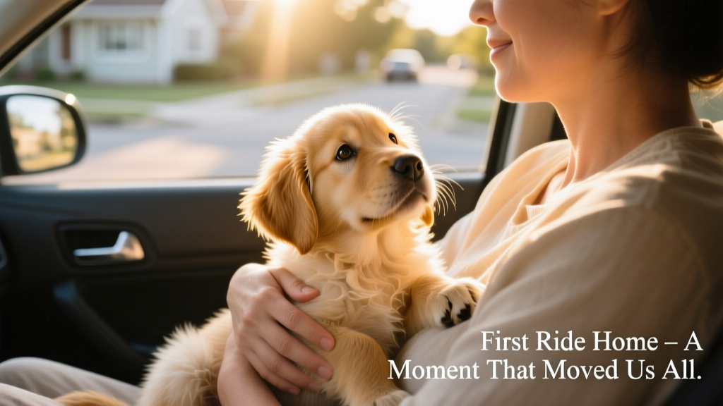 Golden retriever puppy nestled safely in a person's lap during a car ride, looking up with soft, trusting eyes