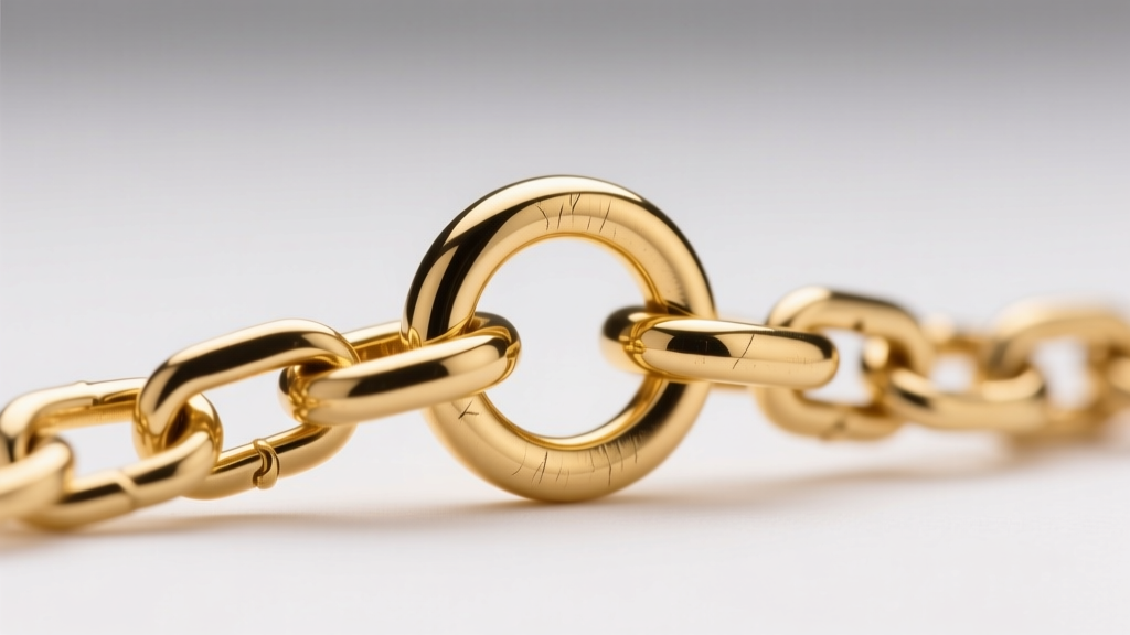 Macro photo of a 14k gold necklace safety chain attached via a 3.5mm soldered jump ring to a box chain clasp under studio light