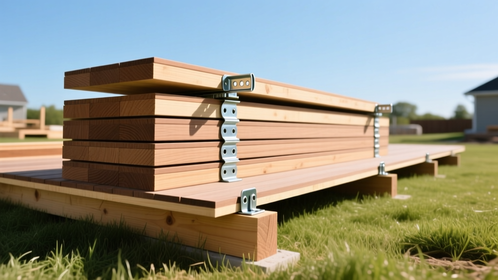 Stacked composite decking and pressure-treated framing lumber on a grassy site with galvanized joist hangers ready for construction