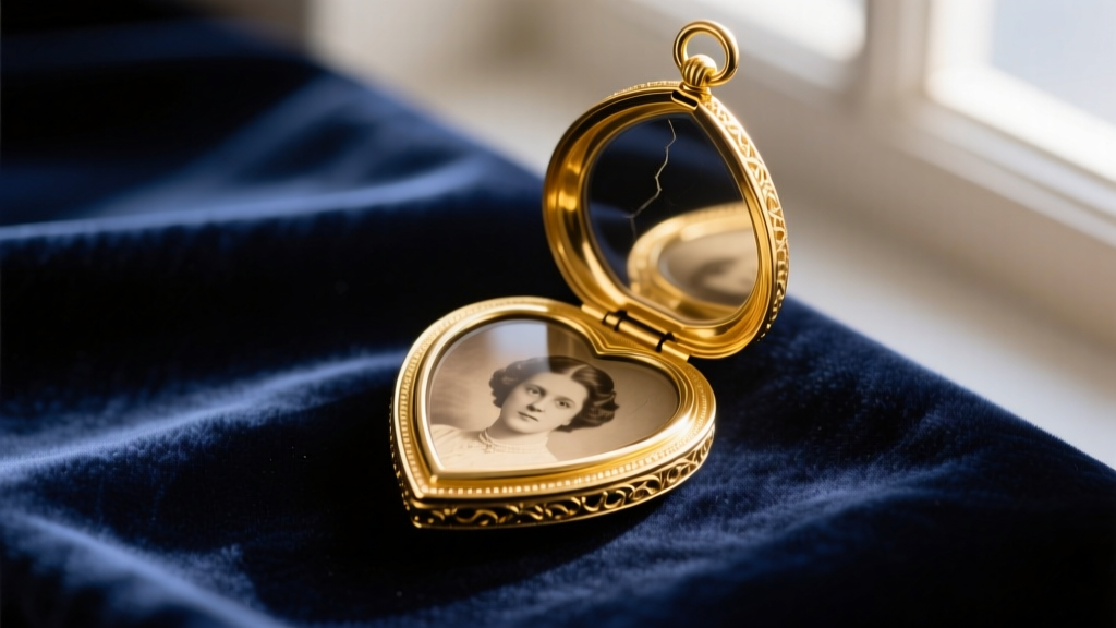 Open 14k yellow gold heart locket revealing a vintage portrait inside, resting elegantly on dark navy velvet fabric.