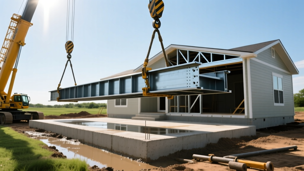 Heavy-duty hydraulic jacks lifting the steel I-beam chassis of a double-wide manufactured home to install new poured concrete stem wall footings