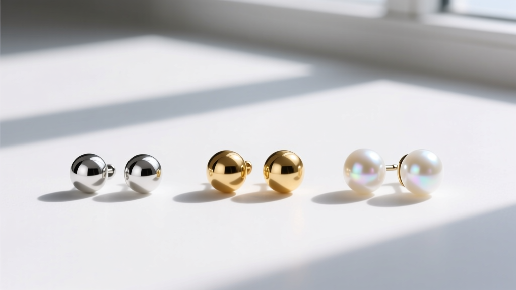 Flat lay on white background showing three pairs of compliant 4mm silver, 6mm gold, and 5mm white pearl ball stud earrings.
