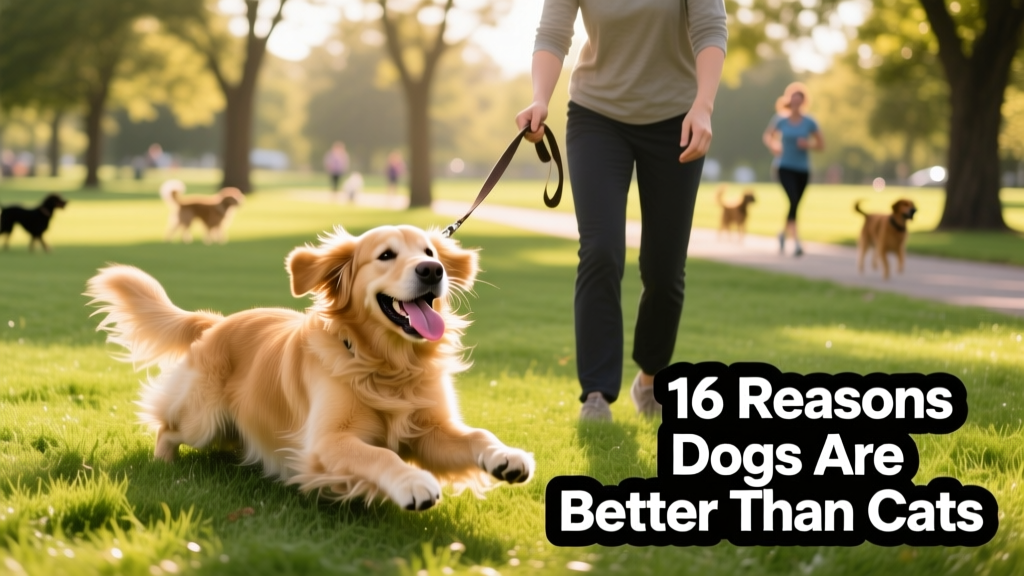 A Golden Retriever rolling playfully on grass in a dog park with their pet parent nearby