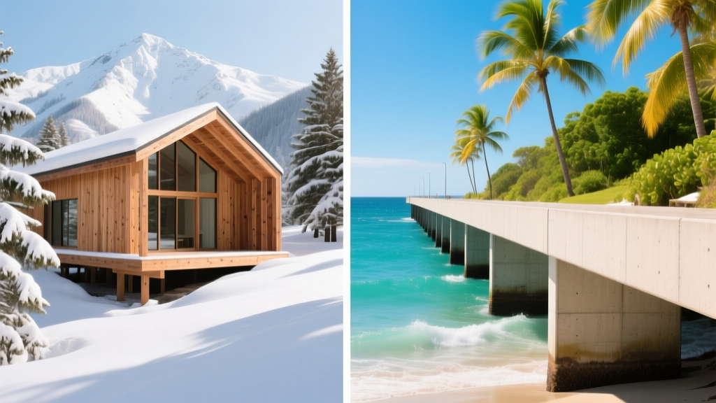 Residential wood framing in a snowy mountain region contrasted with coastal concrete pier foundations in a sunny subtropical environment