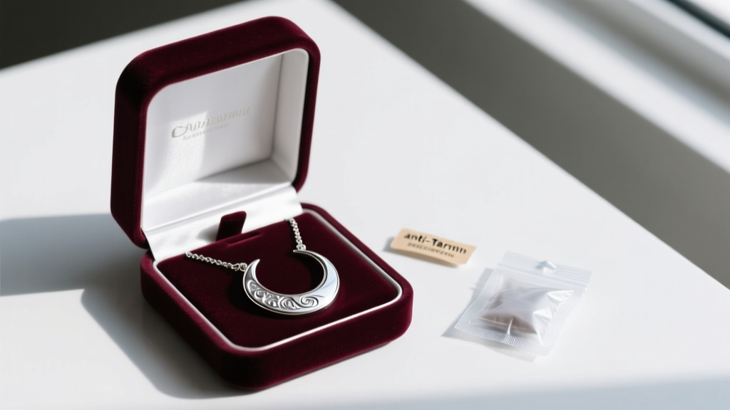 Open velvet jewelry box containing a silver moon necklace coiled neatly beside a small anti-tarnish strip and a silica gel packet