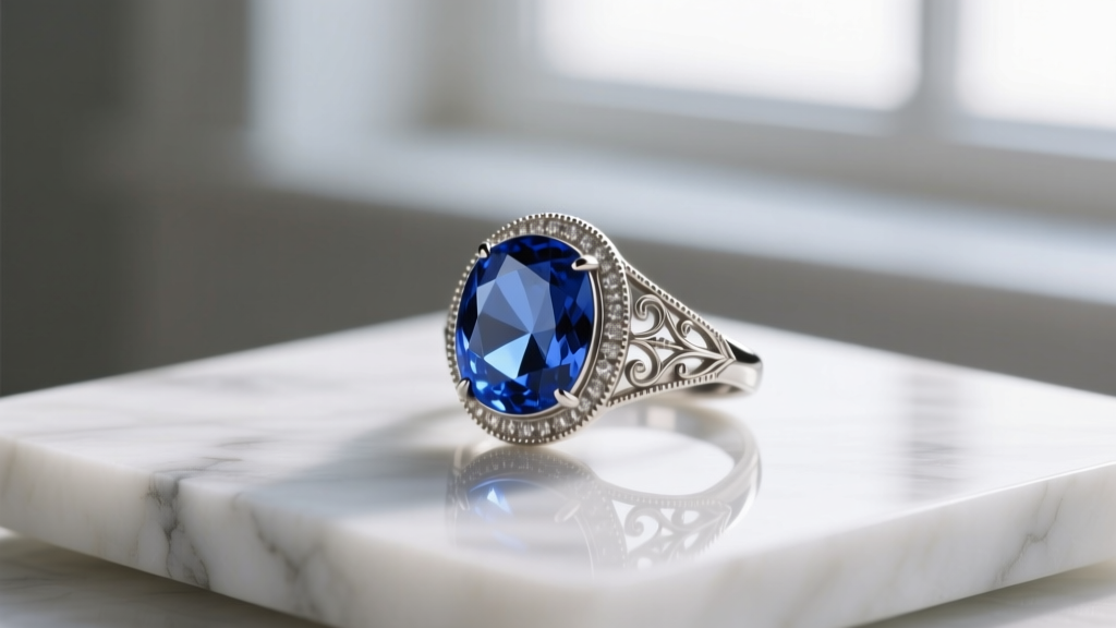 Edwardian platinum milgrain setting holding a blue tanzanite with filigree bail details on a marble jewelry display