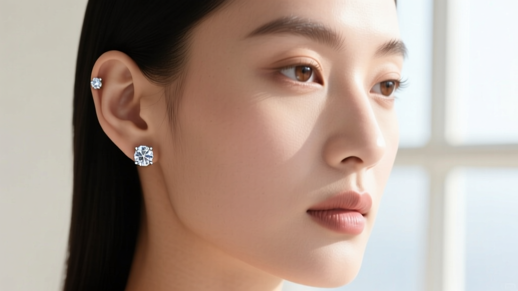 Front portrait showing 2mm bezel-set diamond studs, ensuring clear ear visibility for biometric facial recognition scanning.