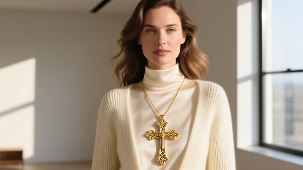 Woman wearing a layered stack with a 24-inch James Avery gold cross over a cream turtleneck, lit by soft natural window light.