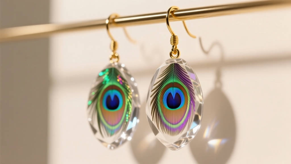 Macro shot of iridescent peacock feather earrings sealed in resin, hanging from 20-gauge gold ear wires under soft studio lighting.