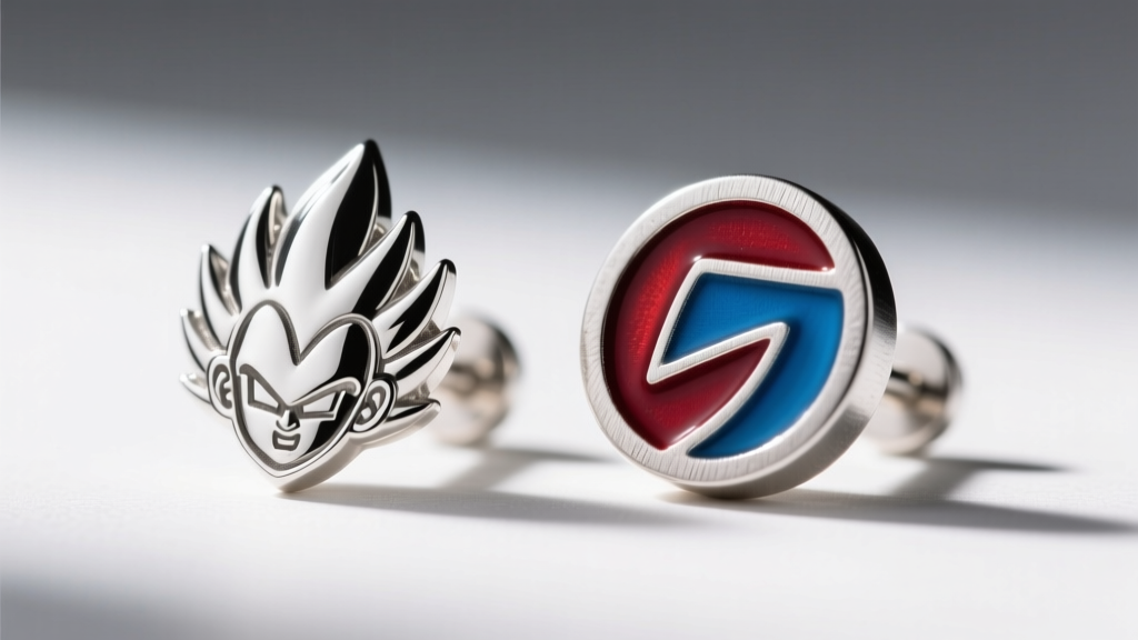 Macro photo of sterling silver Saiyan crest stud beside a zinc alloy version showing enamel detail and finish differences.