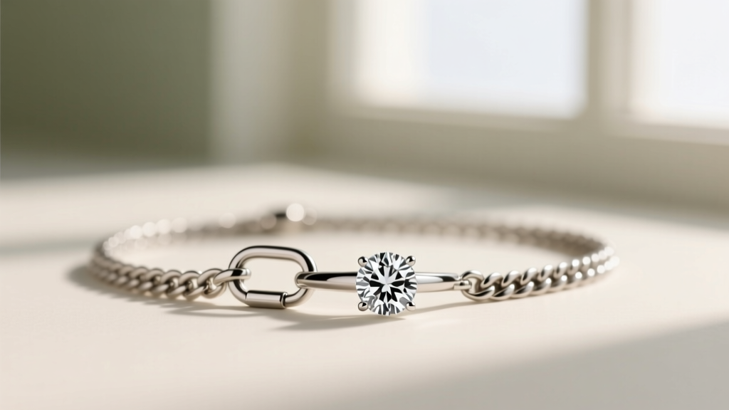 Titanium wheat chain necklace with locking carabiner clasp securing a platinum diamond ring against a soft blurred background