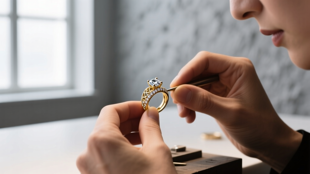 Jeweler's loupe view of a rhodium-plated white gold pendant setting showing the prongs securing a large heart-cut blue gemstone