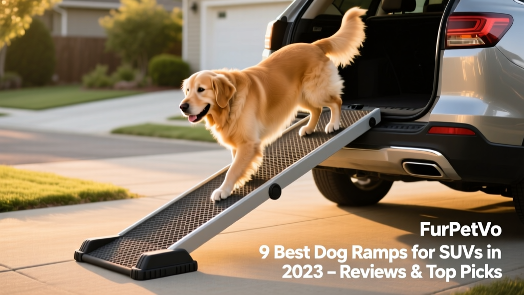 Side view of the FurPetVo NaturalStep Ramp extended from an SUV’s rear hatch, showing its full length, textured surface, and rubber stabilizing feet