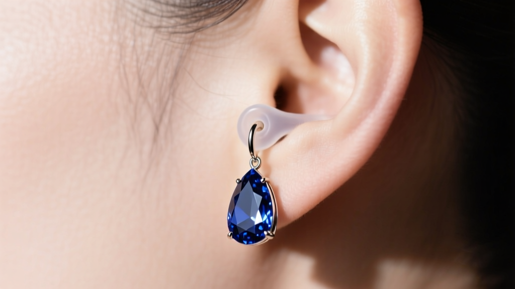 Side view of heavy sapphire drop earring on earlobe, secured with clear silicone ear support lifter to prevent forward drooping.