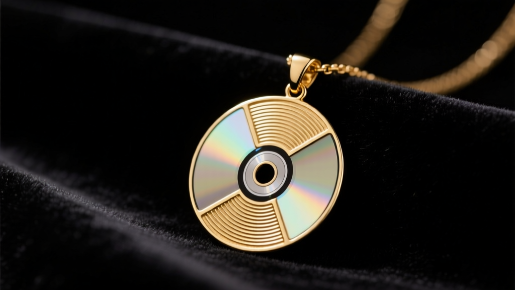 Close-up of a vintage gold-plated CD logo pendant necklace resting on dark velvet, illuminated by soft directional studio lighting.