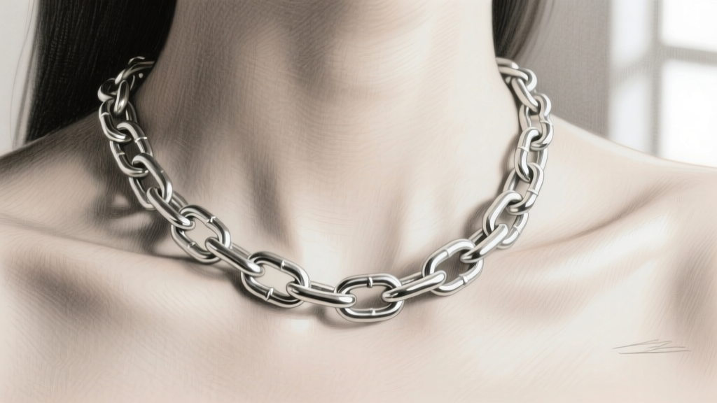 Detailed pencil sketch of a silver curb chain draped over a collarbone, highlighting metallic reflections and link perspective
