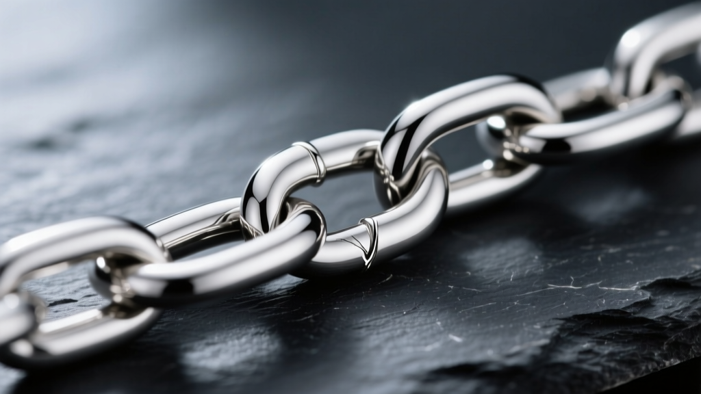 Close-up of polished 316L stainless steel jewelry chain link on dark slate, showing mirror finish and seamless welds in soft light