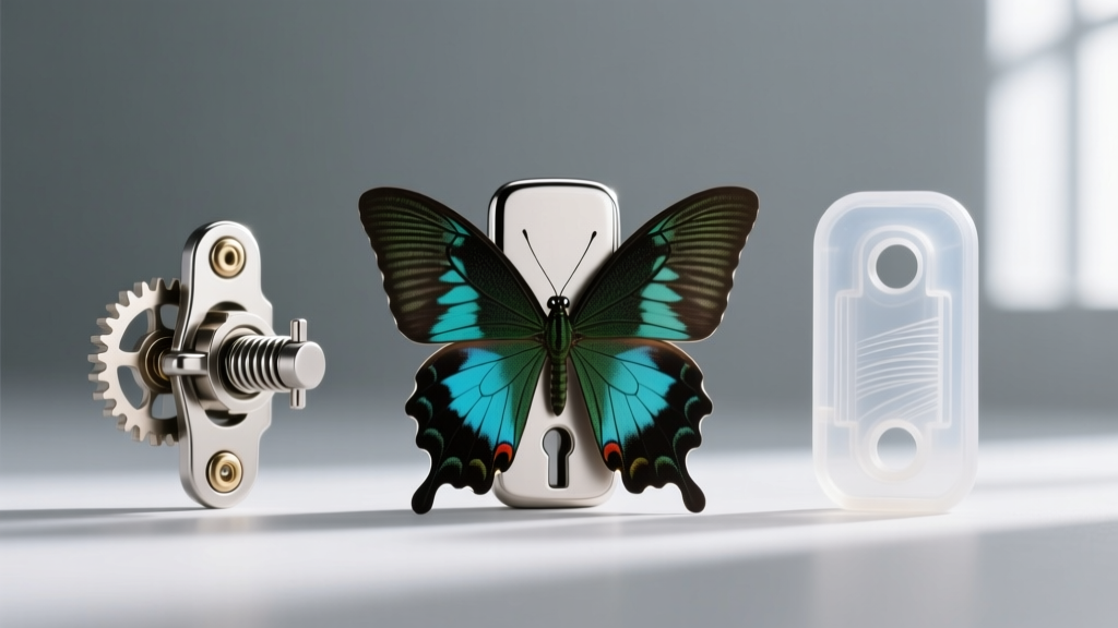 Macro view comparing a standard butterfly back, a clear silicone friction stopper, and a mechanical La Pousette locking clasp.