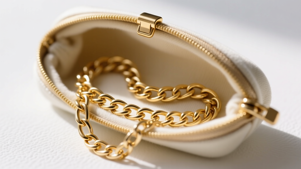 Macro shot of a delicate 14k gold cable chain resting inside a microfiber-lined anti-tarnish travel pouch with a secure clasp.