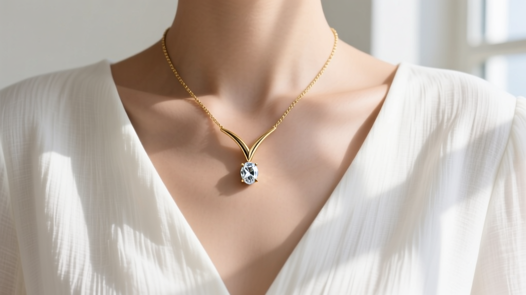 Close-up of a Y-shaped lariat necklace with a small marquise diamond pendant dropping over a white linen square-neck summer dress