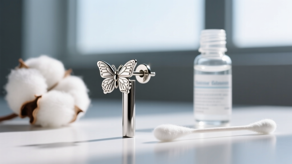 Macro shot of a friction butterfly earring back on a steel post, beside a cotton swab and a small bottle of sterile saline.