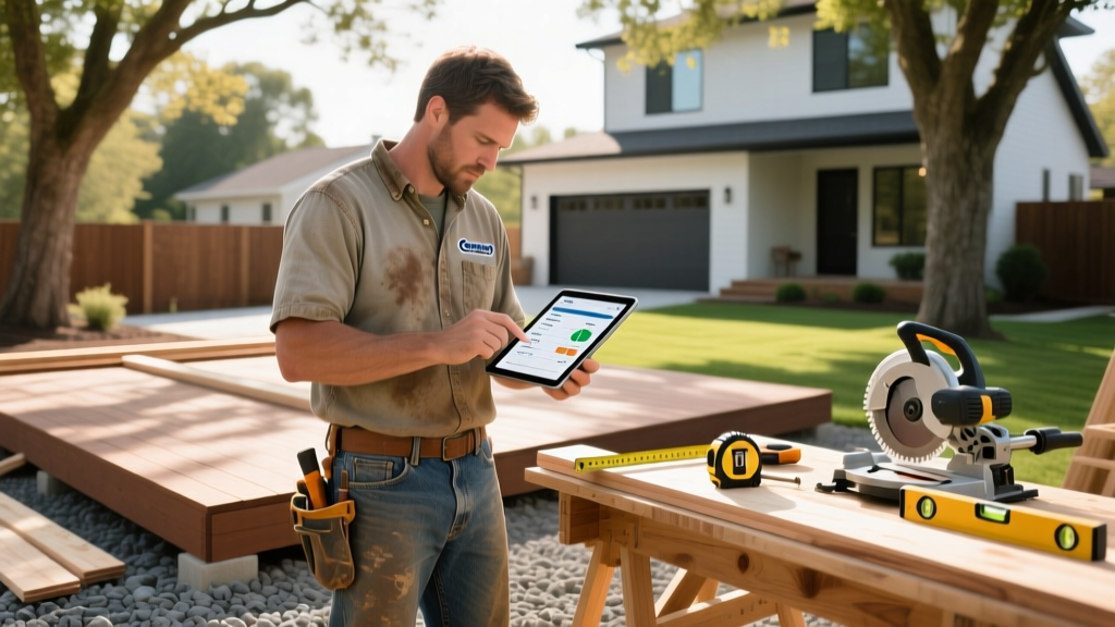 Carpenter using a digital tablet calculator to estimate framing lumber and composite decking labor costs on a sunny residential backyard construction site