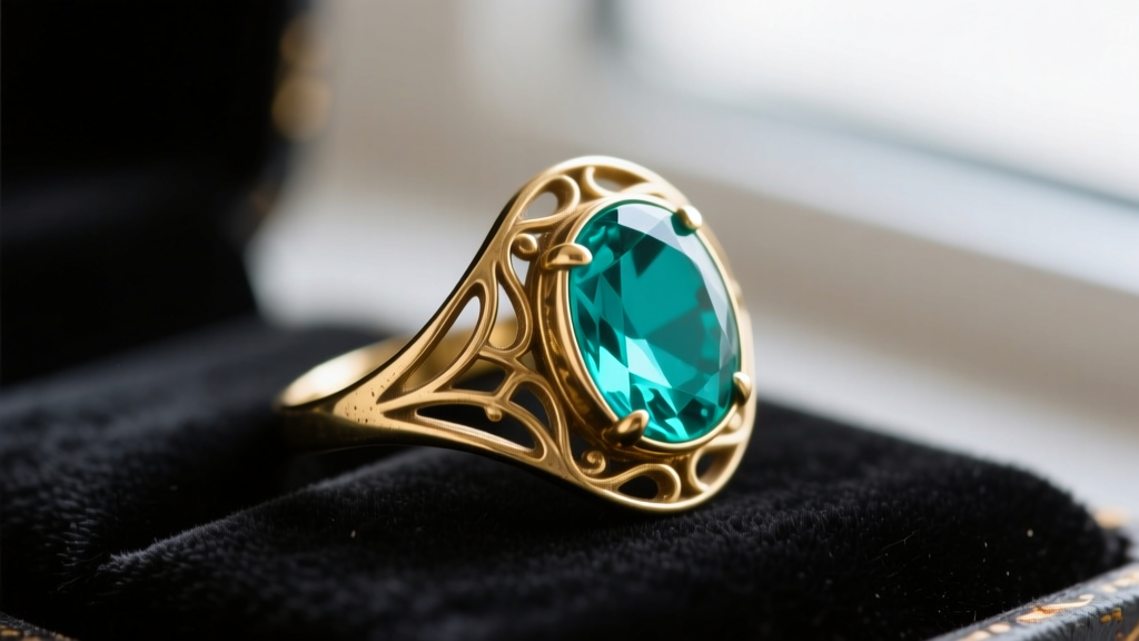 Close-up of a tarnished gold-tone brass cocktail ring with a large turquoise cabochon resting on dark velvet under soft light.