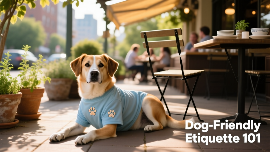 A relaxed dog wearing a snug-fitting calming shirt, resting quietly beside a diner’s chair at an outdoor restaurant
