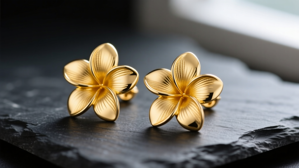 Macro shot of 14k yellow gold plumeria stud earrings on dark slate, revealing intricate petal textures and a high-polish finish.