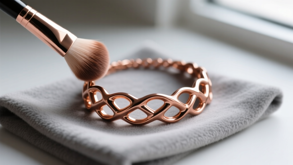 Soft makeup brush dusting the crevices of a 3D-printed resin and copper-plated custom necklace resting on a gray microfiber cloth.
