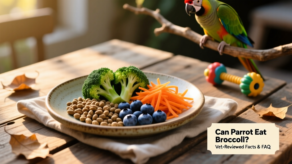 Well-balanced parrot meal: FurPetVo pellets, broccoli florets, shredded carrot, and blueberries in a ceramic dish