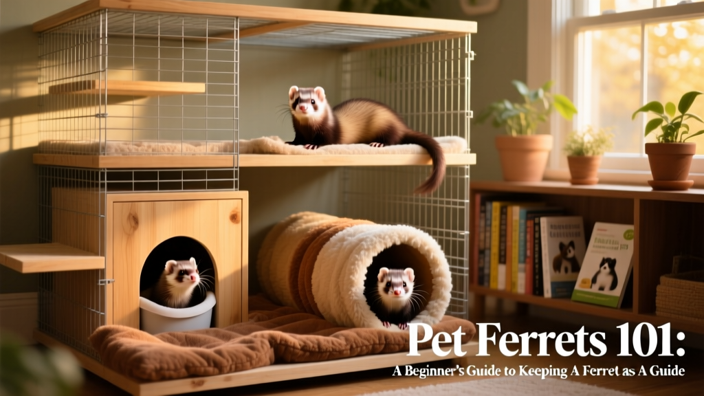 A well-organized ferret habitat with multi-level wire cage, litter box, tunnel toy, and soft bedding