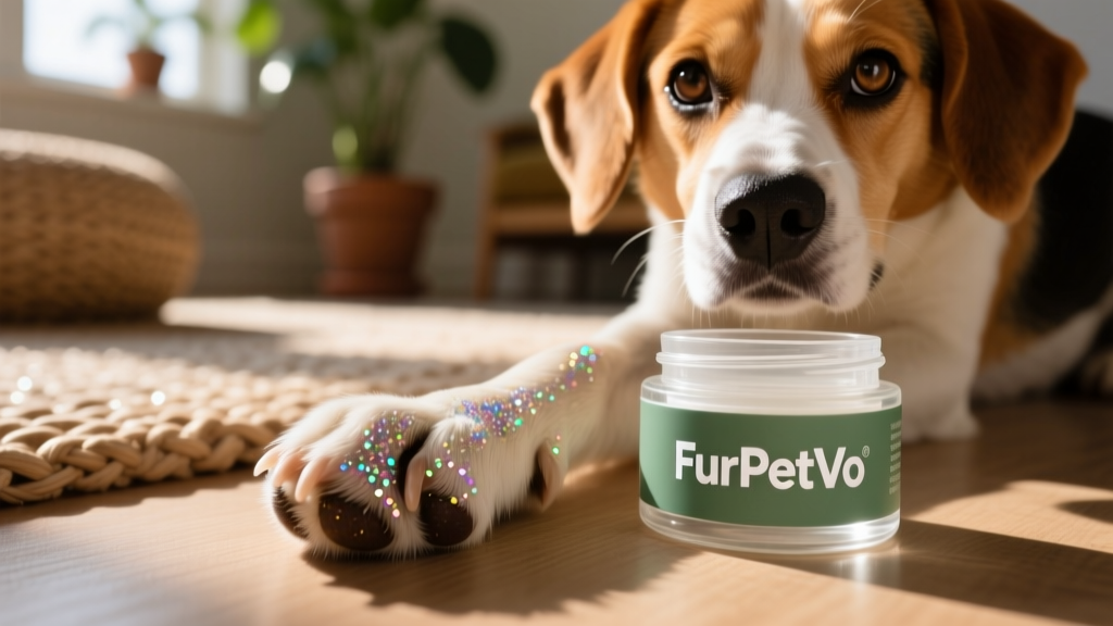 Close-up of a dog's paw with subtle glitter residue, next to a small jar of pet-safe biodegradable glitter labeled 'FurPetVo'