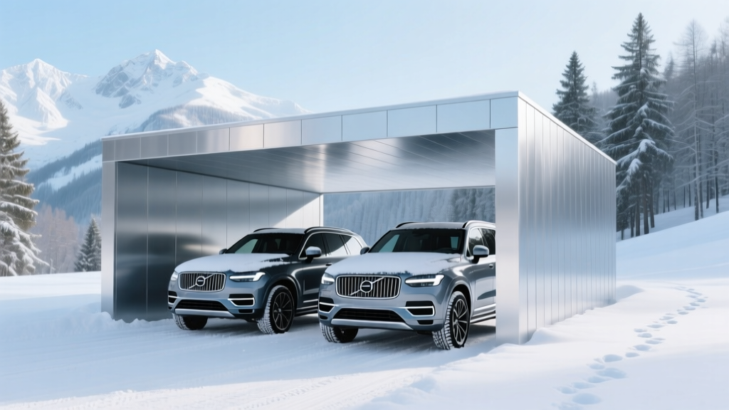 Modern aluminum carport with standing seam metal roof sheltering two vehicles in a snowy mountain driveway during winter