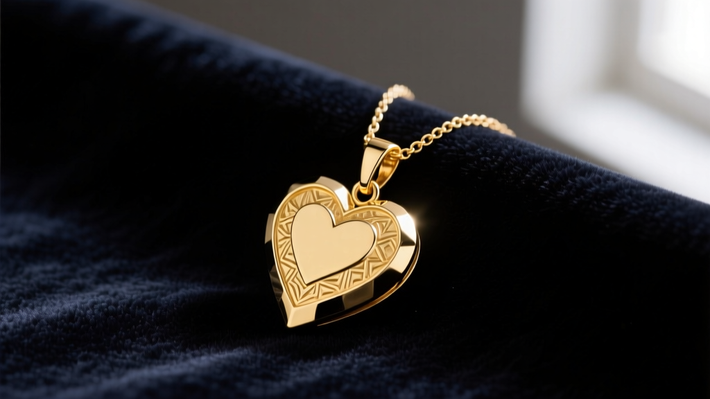 Polished 14k yellow gold heart pendant necklace on dark velvet, highlighting warm metallic luster and an intricate chain bail.