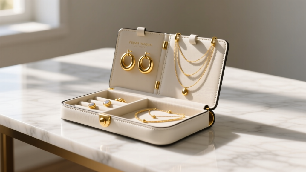 Open vegan leather foldable jewelry organizer on a marble desk, displaying gold hoops and delicate necklaces in warm morning light