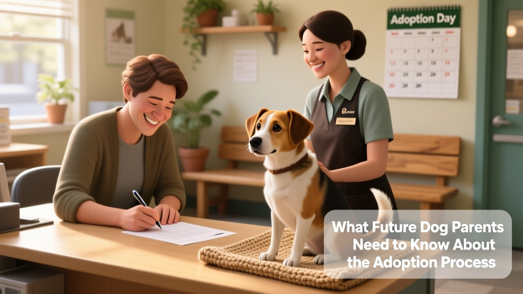 A happy adopter signing paperwork with shelter staff while their new dog sits calmly beside them