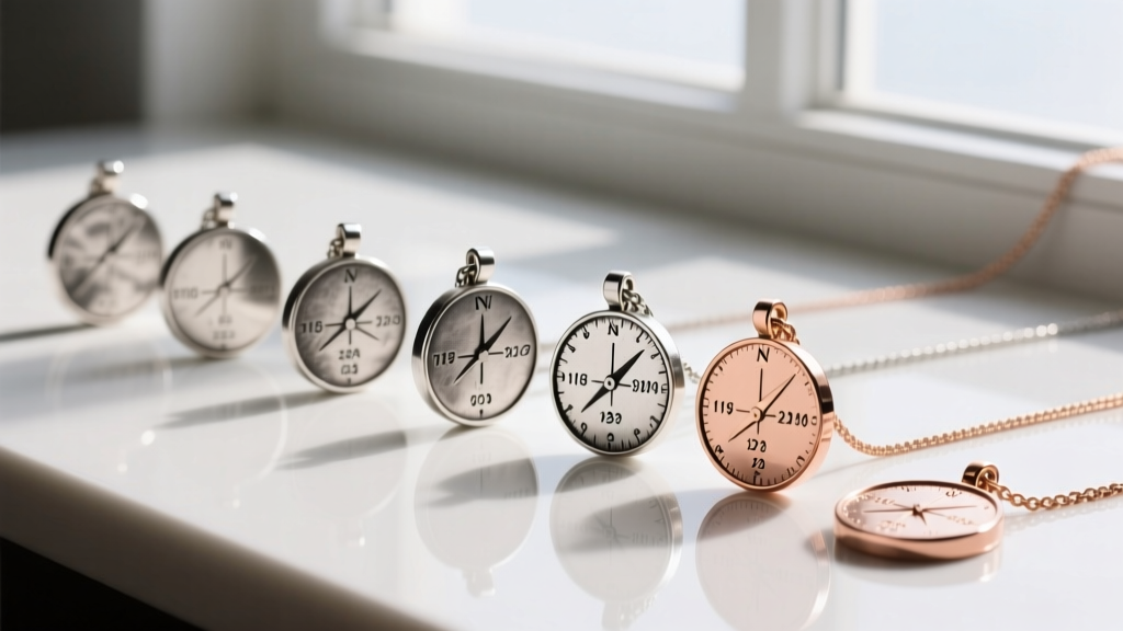 Flat lay of layered narrative pendants in oxidized silver and rose gold, displaying engraved coordinates and dates