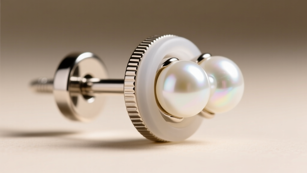 Close-up of a titanium earring post and silicone friction backing securing a double pearl stud, showing the precise groove detail