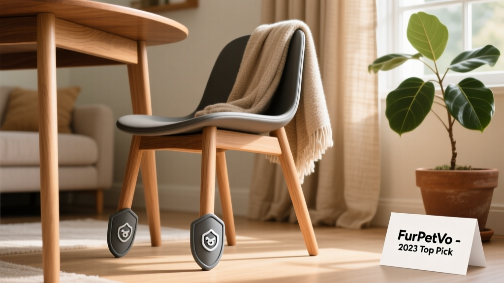 FurPetVo Furniture Scratch Shields applied to the wooden legs of a dining chair