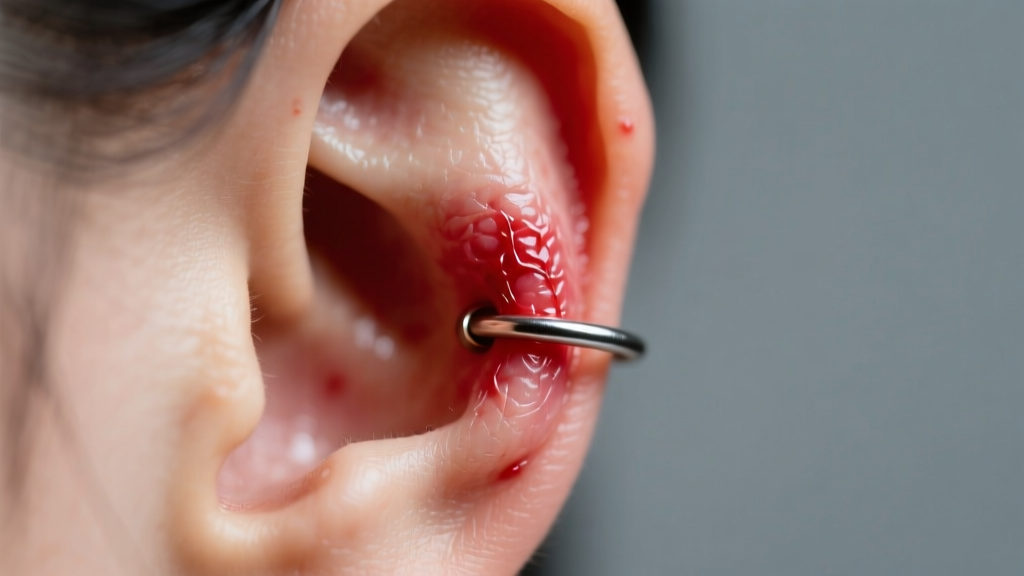 Macro shot of an inflamed earlobe piercing with contact dermatitis redness, lit by soft clinical lighting for dermatology analysis